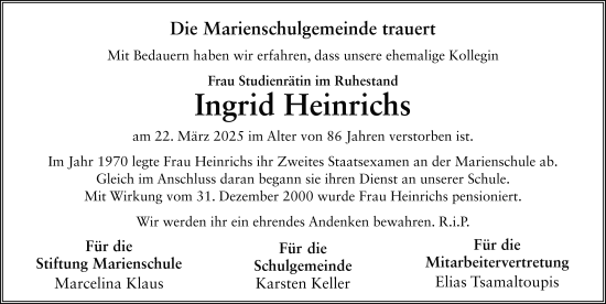 Traueranzeige von Ingrid Heinrichs von FZ