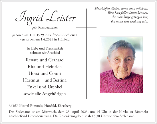 Traueranzeige von Ingrid Leister von FZ