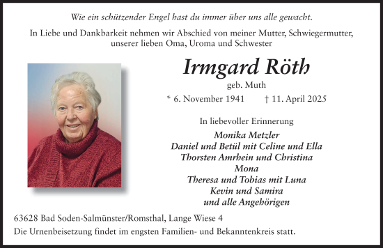 Traueranzeige von Irmgard Röth von FZ