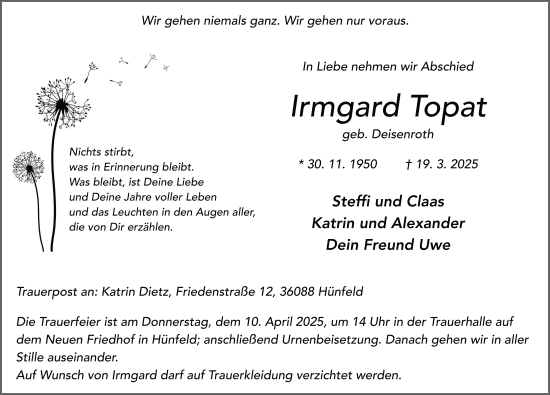 Traueranzeige von Irmgard Topat von FZ