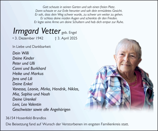 Traueranzeige von Irmgard Vetter von FZ