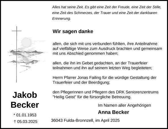 Traueranzeige von Jakob Becker von FZ