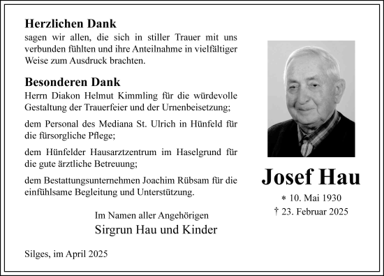 Traueranzeige von Josef Hau von FZ