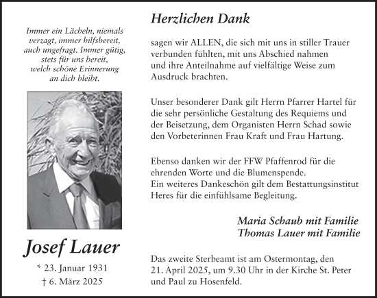 Traueranzeige von Josef Lauer von FZ