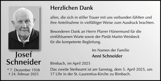 Traueranzeige von Josef Schneider von FZ
