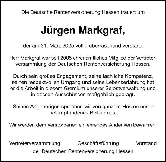Traueranzeige von Jürgen Markgraf von FZ