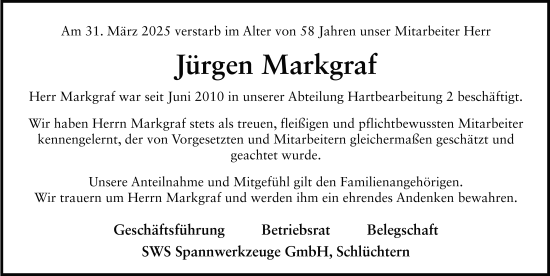 Traueranzeige von Jürgen Markgraf von FZ