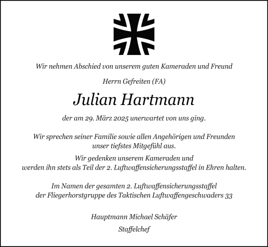 Traueranzeige von Julian Hartmann von FZ