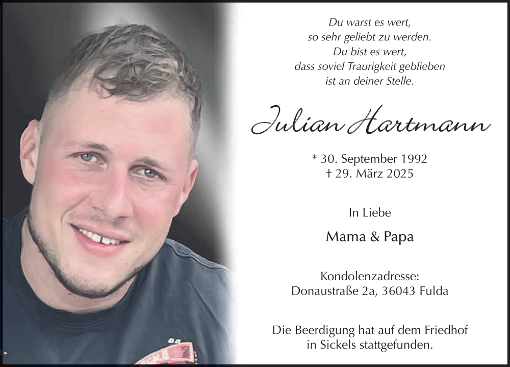  Traueranzeige für Julian Hartmann vom 16.04.2025 aus FZ