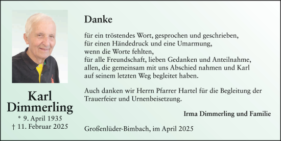 Traueranzeige von Karl Dimmerling von FZ
