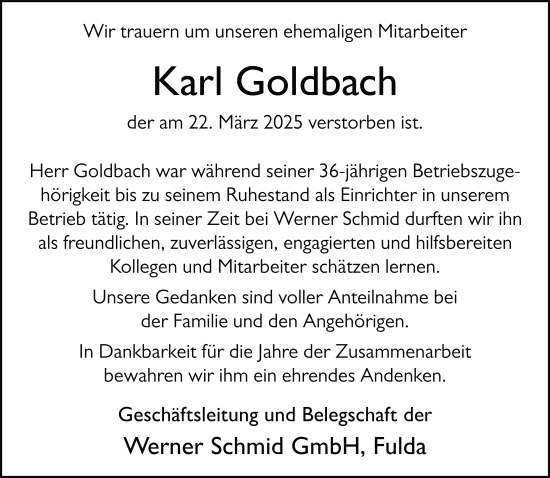 Traueranzeige von Karl Goldbach von FZ