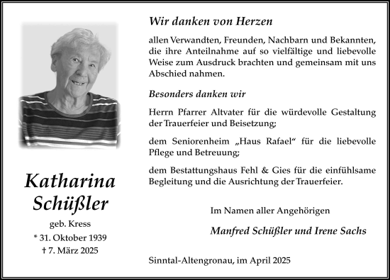 Traueranzeige von Katharina Schüßler von FZ