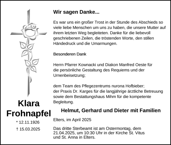 Traueranzeige von Klara Frohnapfel von FZ