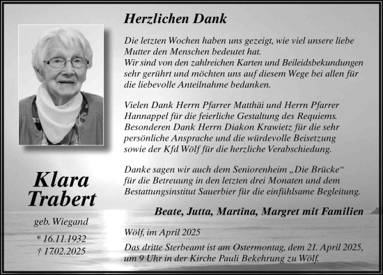 Traueranzeige von Klara Trabert von FZ