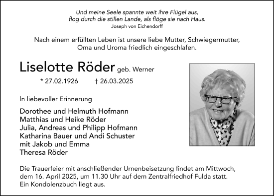 Traueranzeige von Liselotte Röder von FZ