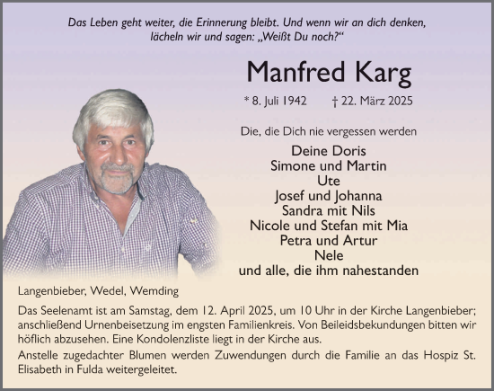 Traueranzeige von Manfred Karg von FZ