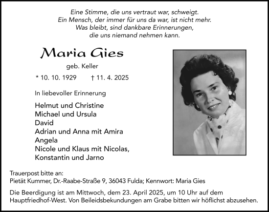 Traueranzeige von Maria Gies von FZ