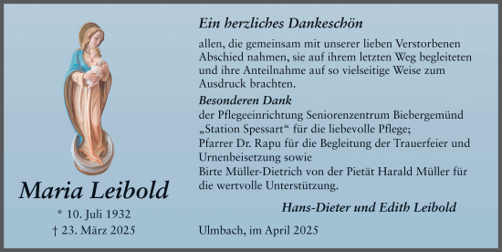 Traueranzeige von Maria Leibold von FZ
