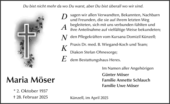 Traueranzeige von Maria Möser von FZ
