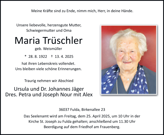 Traueranzeige von Maria Trüschler von FZ