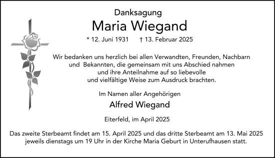 Traueranzeige von Maria Wiegand von FZ