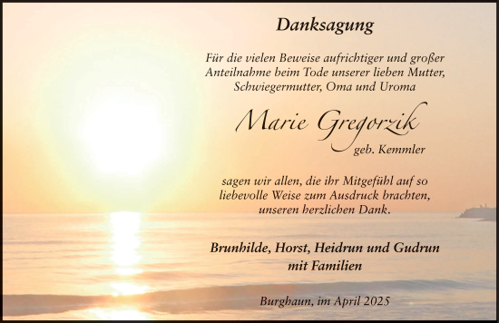 Traueranzeige von Marie Gregorzik von FZ