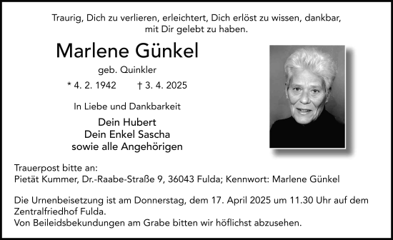 Traueranzeige von Marlene Günkel von FZ