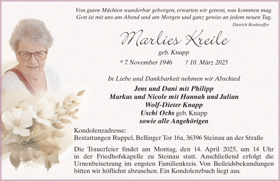 Traueranzeige von Marlies Kreile von FZ
