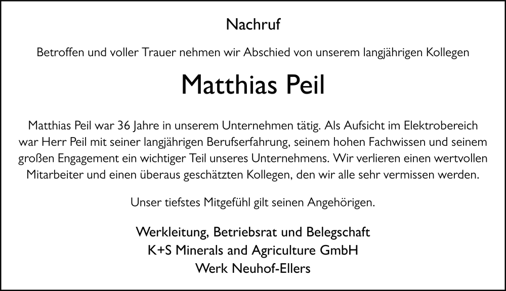  Traueranzeige für Matthias Peil vom 02.04.2025 aus FZ