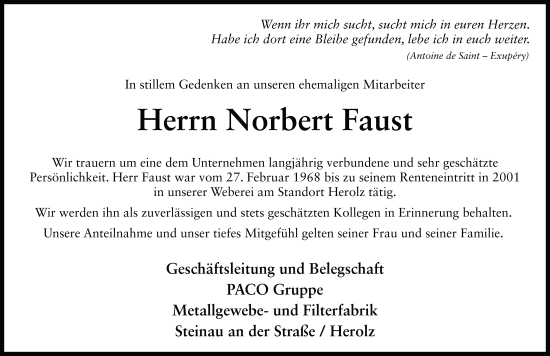 Traueranzeige von Norbert Faust von FZ
