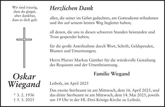 Traueranzeige von Oskar Wiegand von FZ