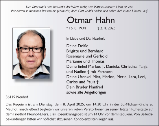 Traueranzeige von Otmar Hahn von FZ