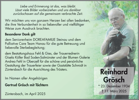 Traueranzeige von Reinhard Grösch von FZ