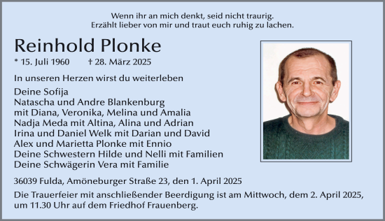 Traueranzeige von Reinhold Plonke von FZ
