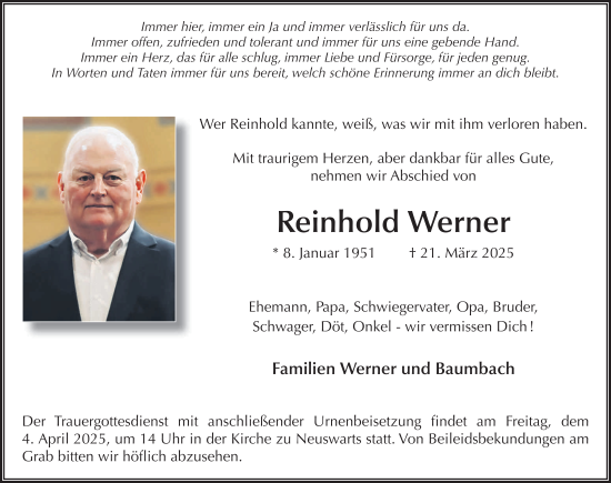 Traueranzeige von Reinhold Werner von FZ
