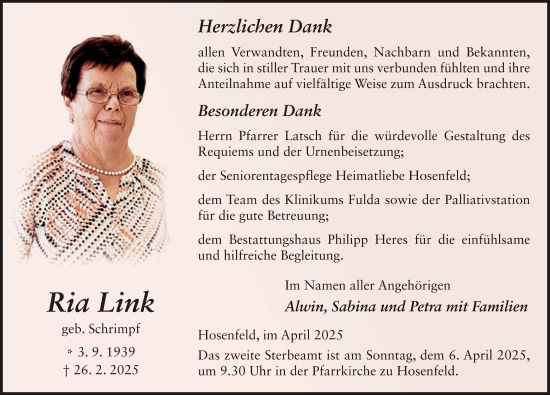 Traueranzeige von Ria Link von FZ