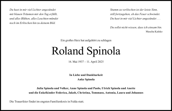 Traueranzeige von Roland Spinola von FZ