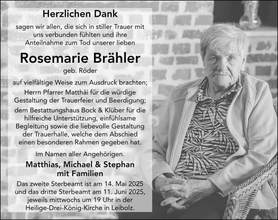 Traueranzeige von Rosemarie Brähler von FZ