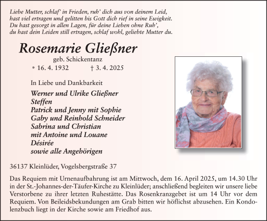 Traueranzeige von Rosemarie Gließner von FZ