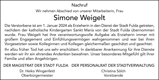Traueranzeige von Simone Weigelt von FZ