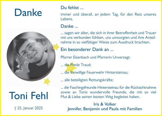 Traueranzeige von Toni Fehl von FZ