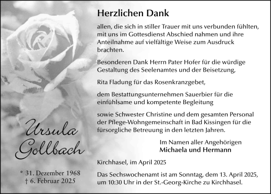 Traueranzeige von Ursula Golbach von FZ