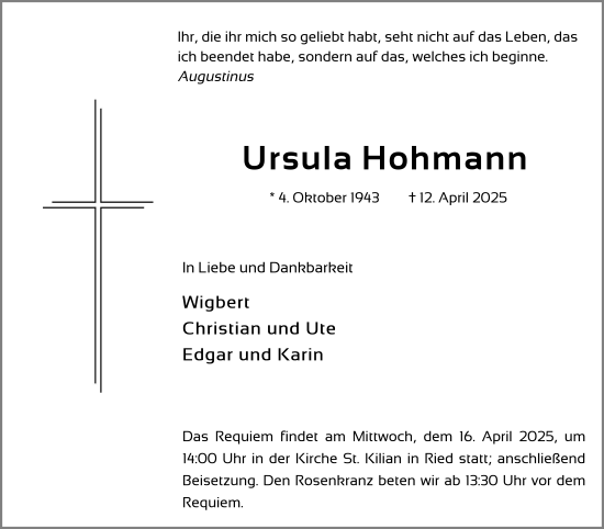Traueranzeige von Ursula Hohmann von FZ