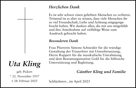 Traueranzeige von Uta Kling von FZ