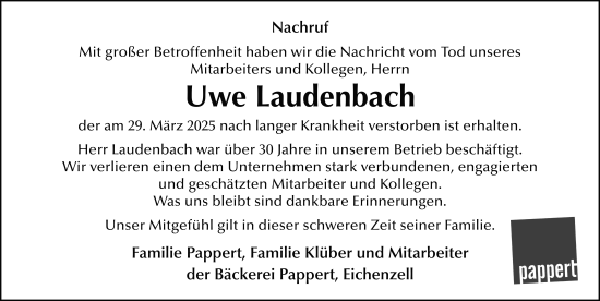 Traueranzeige von Uwe Laudenbach von FZ