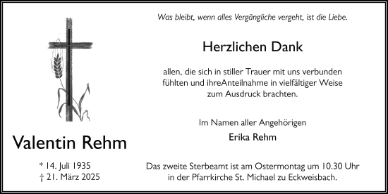 Traueranzeige von Valentin Rehm von FZ