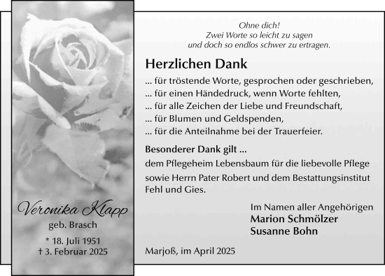 Traueranzeige von Veronika Klapp von FZ