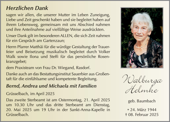 Traueranzeige von Walburga Helmke von FZ