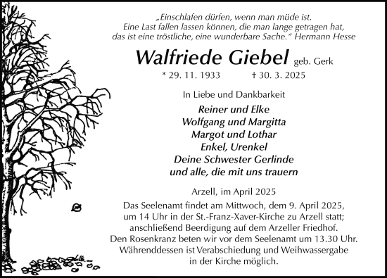 Traueranzeige von Walfriede Giebel von FZ