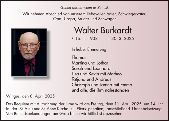 Traueranzeige von Walter Burkardt von FZ